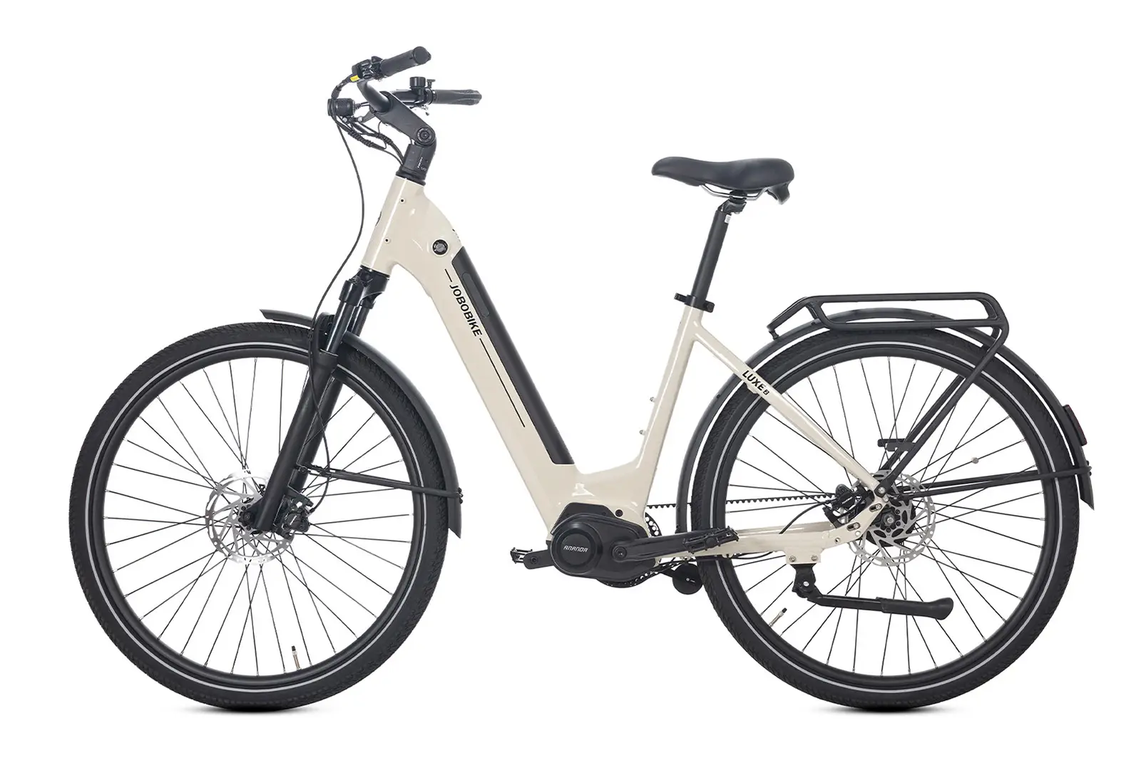 Luxe beige commuter e-bike with low-maintenance belt system