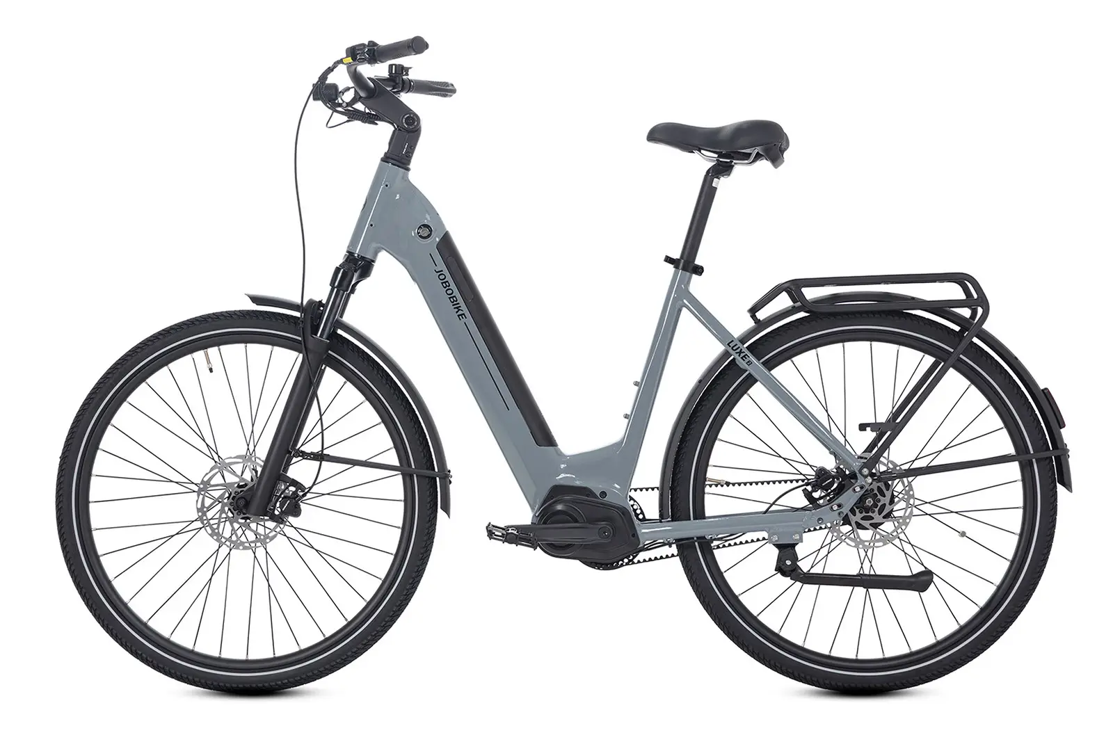 Luxe-Silver grey city e-bike with carbon belt drive
