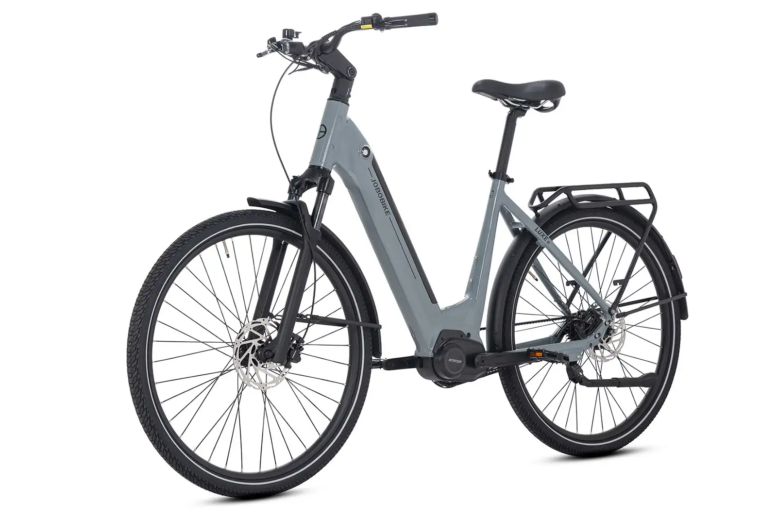 Silver grey step-through electric bike with hydraulic brakes